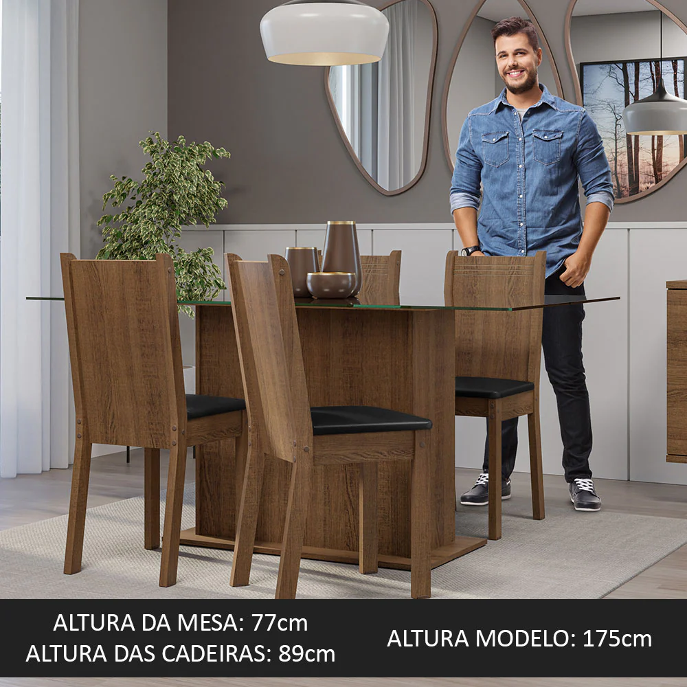 Conjunto Sala de Jantar Mesa Tampo de Vidro 4 Cadeiras Rustic/Preto Espanha Madesa - Image 5