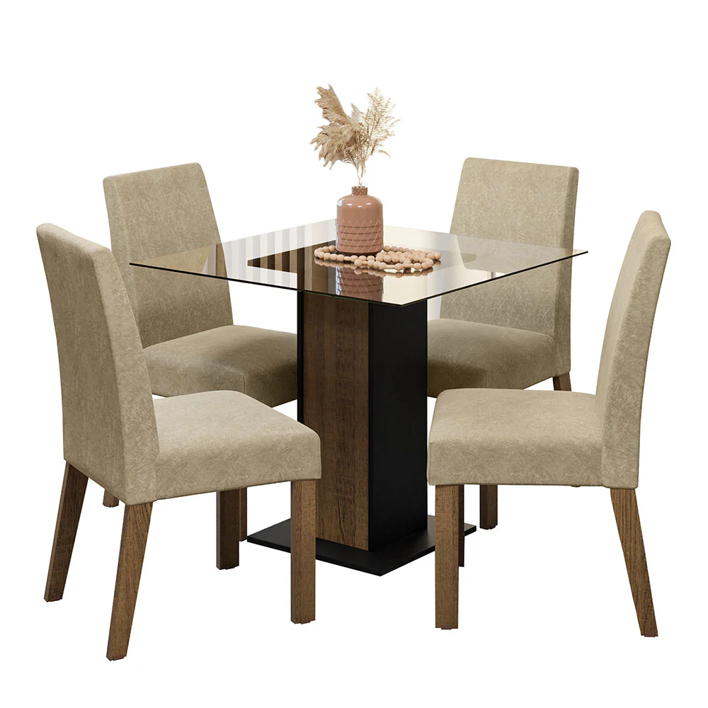 Conjunto Sala de Jantar Mesa Tampo de Vidro 4 Cadeiras Rustic/Preto/Imperial Ivy Madesa - Image 2