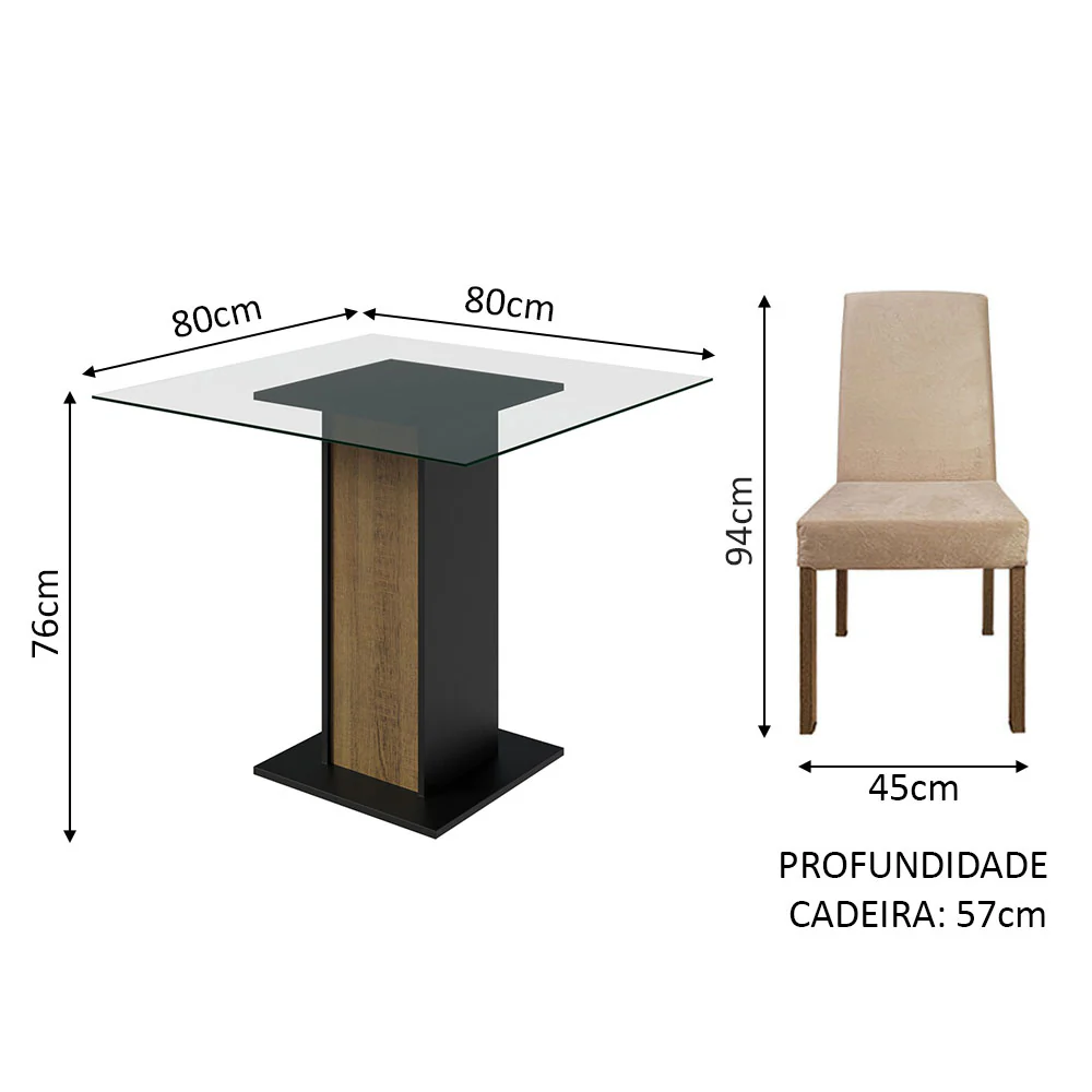 Conjunto Sala de Jantar Mesa Tampo de Vidro 4 Cadeiras Rustic/Preto/Imperial Ivy Madesa - Image 3