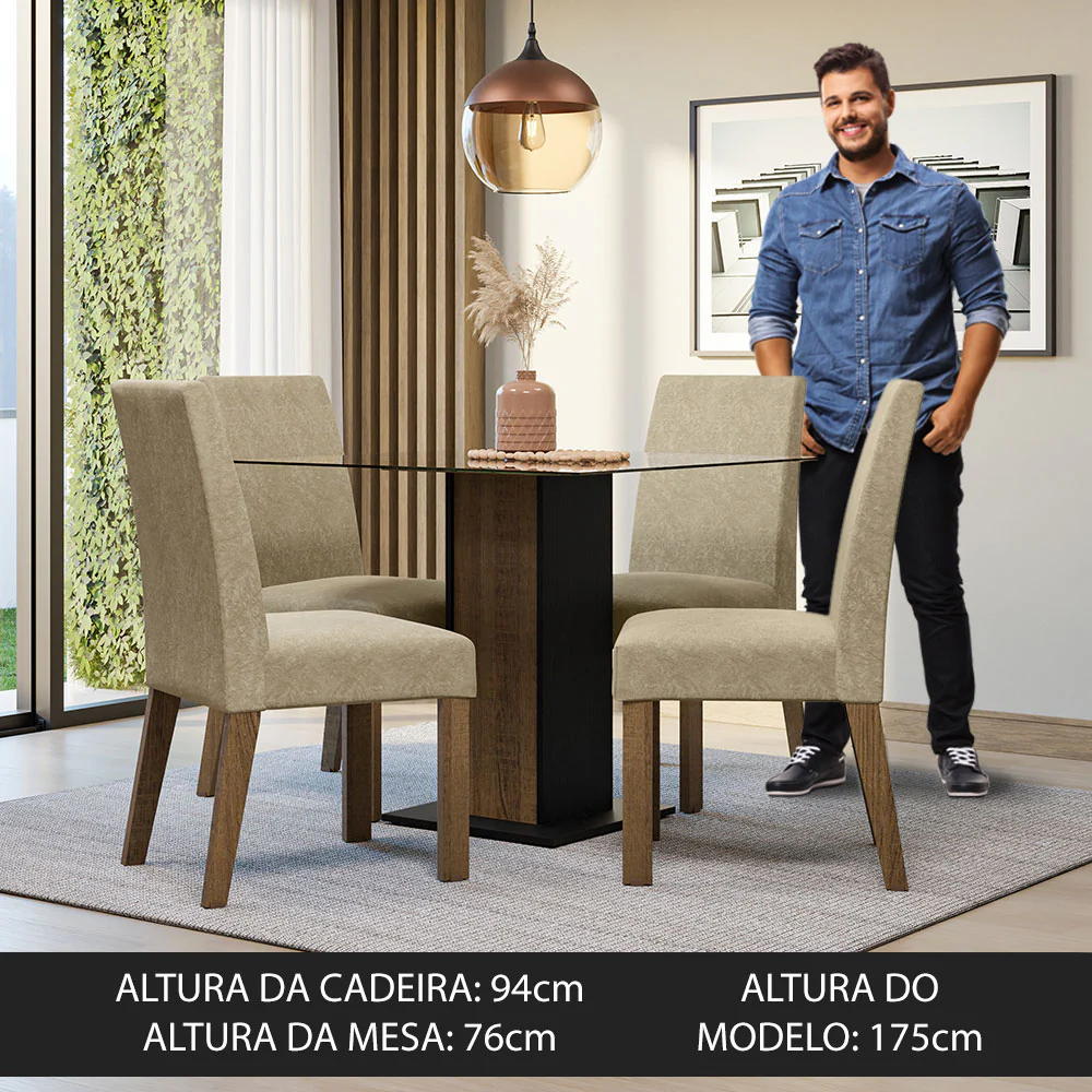Conjunto Sala de Jantar Mesa Tampo de Vidro 4 Cadeiras Rustic/Preto/Imperial Ivy Madesa - Image 4