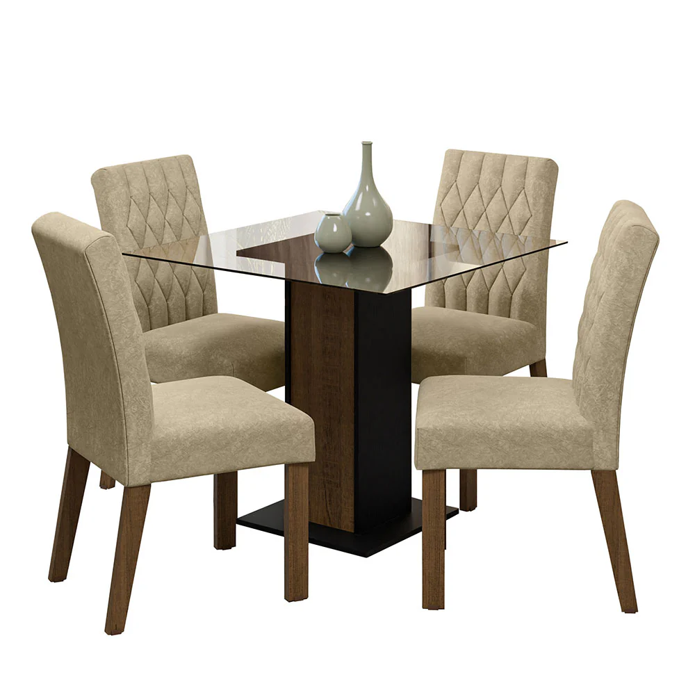 Conjunto Sala de Jantar Mesa Tampo de Vidro 4 Cadeiras Rustic/Preto/Imperial Noemi Madesa - Image 2