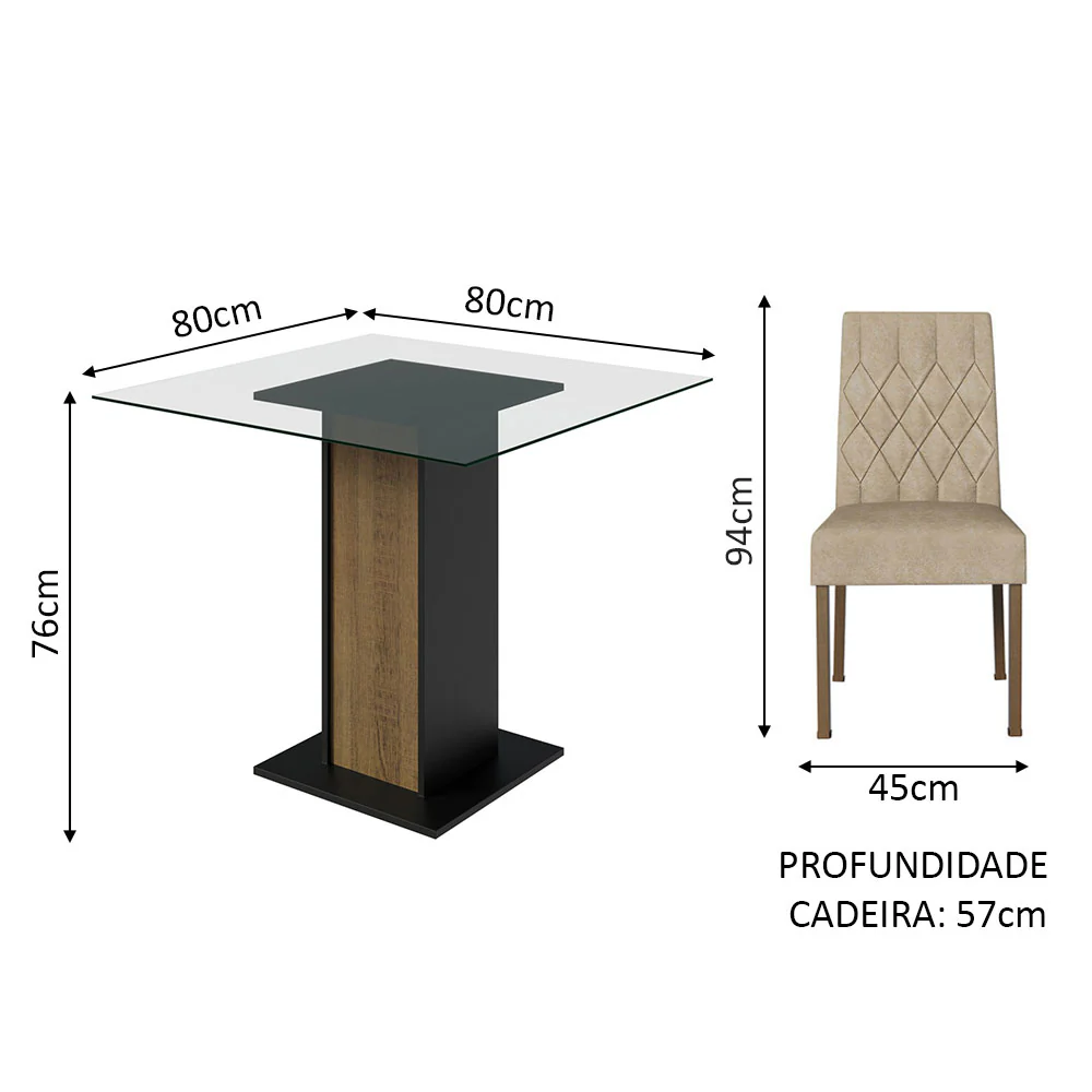 Conjunto Sala de Jantar Mesa Tampo de Vidro 4 Cadeiras Rustic/Preto/Imperial Noemi Madesa - Image 3