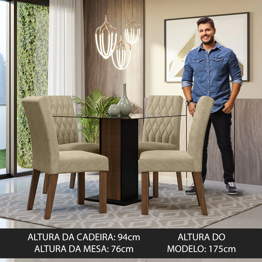 Conjunto Sala de Jantar Mesa Tampo de Vidro 4 Cadeiras Rustic/Preto/Imperial Noemi Madesa - Image 4