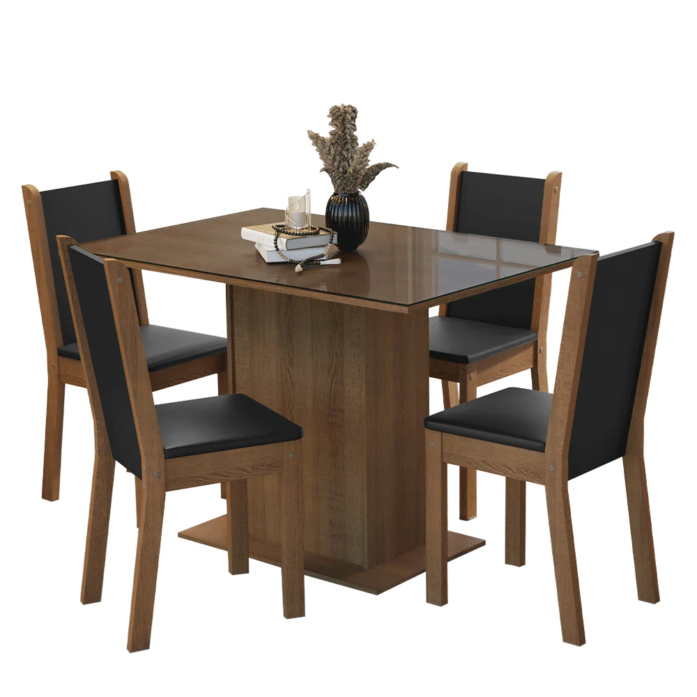 Conjunto Sala de Jantar Mesa Tampo de Vidro 4 Cadeiras Rustic/Preto Martina Madesa - Image 2