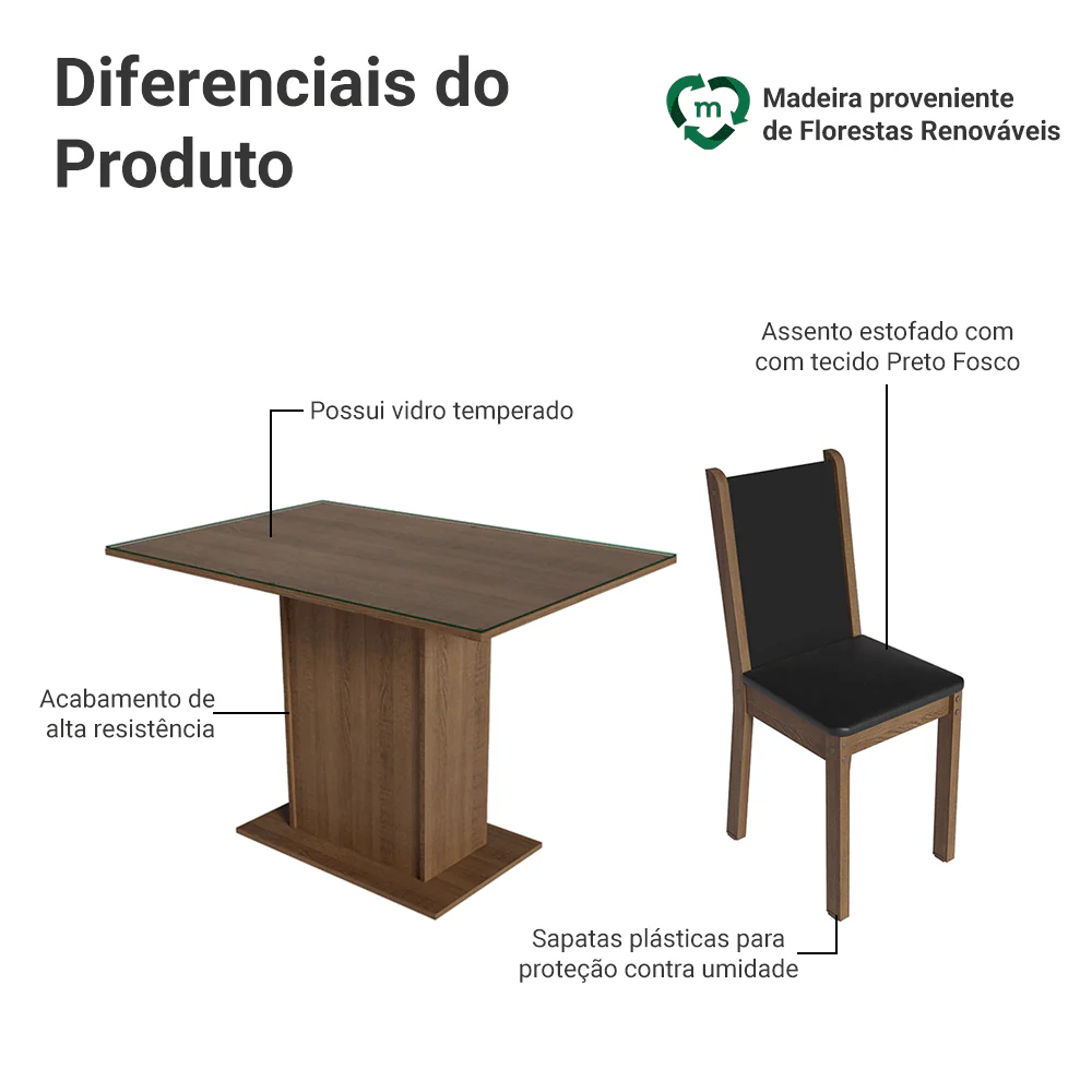 Conjunto Sala de Jantar Mesa Tampo de Vidro 4 Cadeiras Rustic/Preto Martina Madesa - Image 4