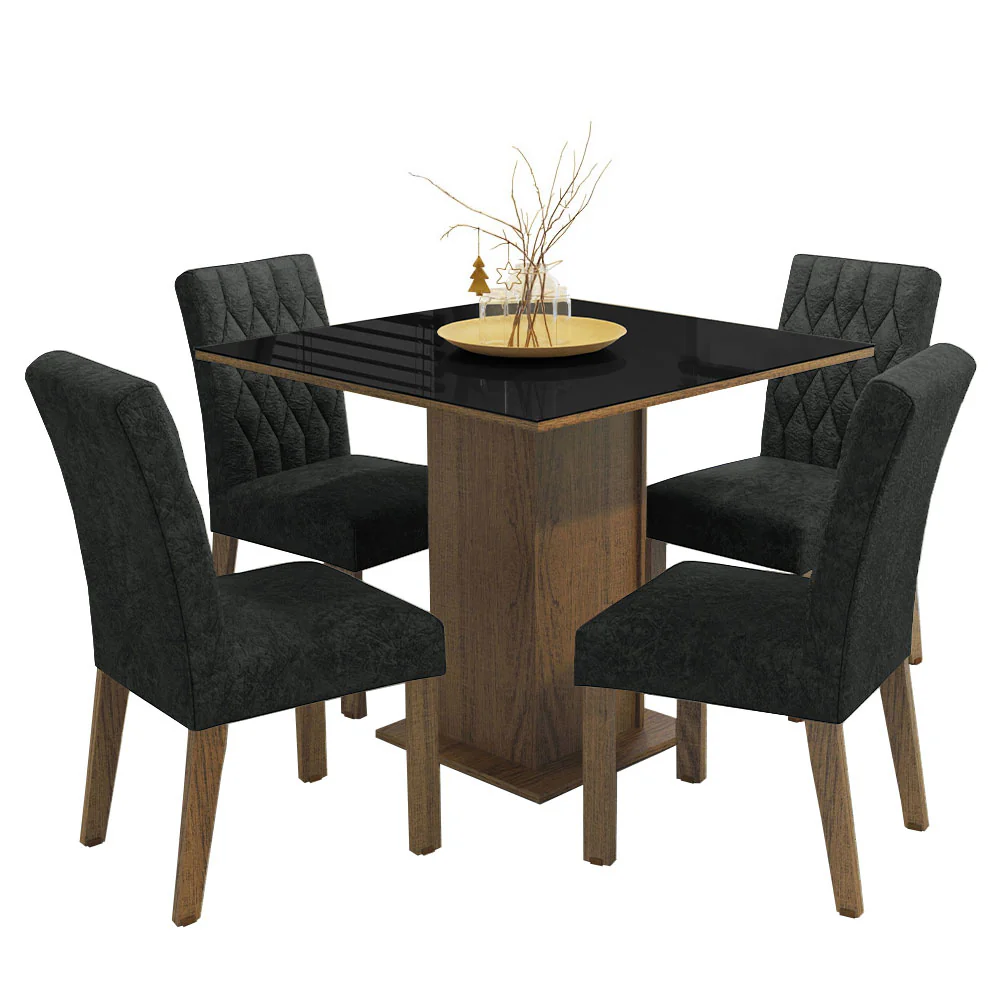 Conjunto Sala de Jantar Mesa Tampo de Vidro 4 Cadeiras Rustic/Preto/Oxford Anaju Madesa - Image 2
