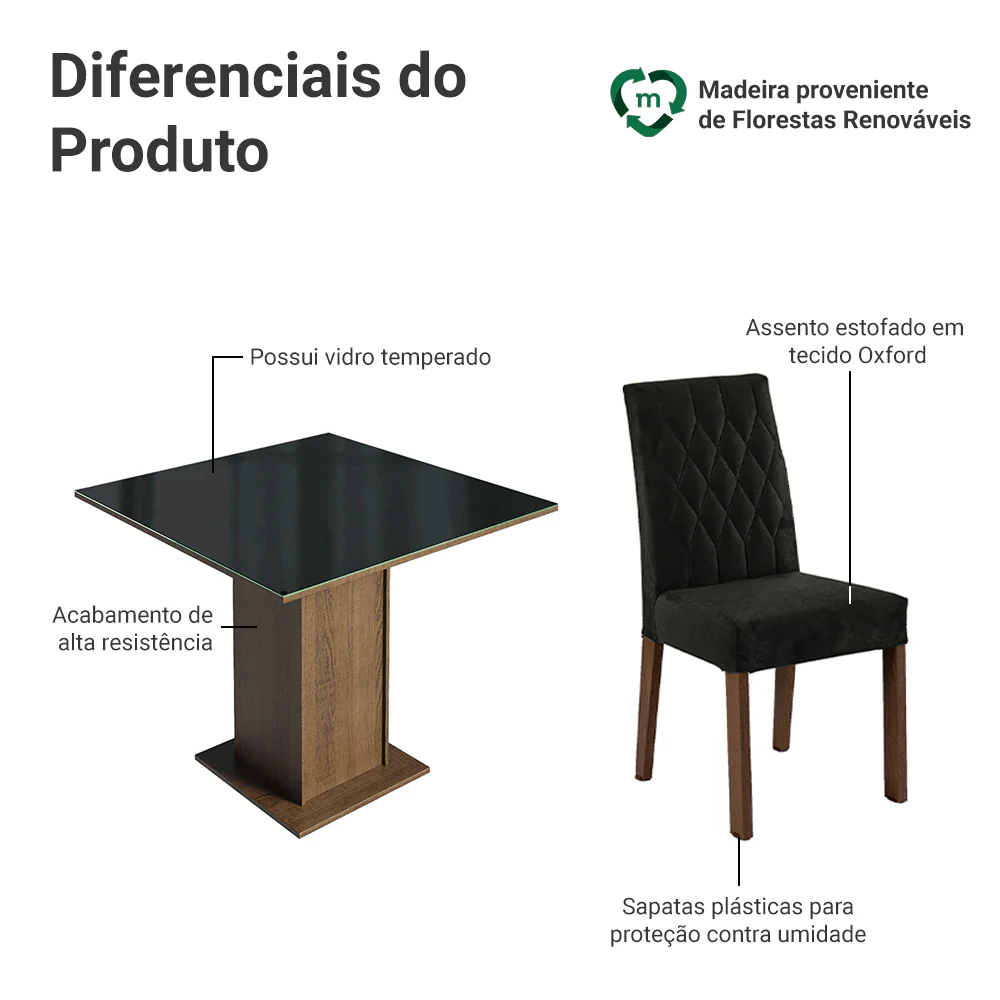 Conjunto Sala de Jantar Mesa Tampo de Vidro 4 Cadeiras Rustic/Preto/Oxford Anaju Madesa - Image 4