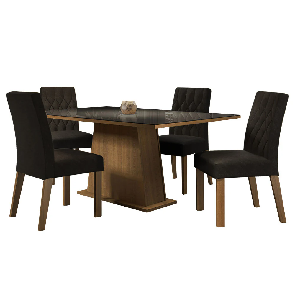 Conjunto Sala de Jantar Mesa Tampo de Vidro 4 Cadeiras Rustic/Preto/Oxford Aryeli Madesa - Image 2