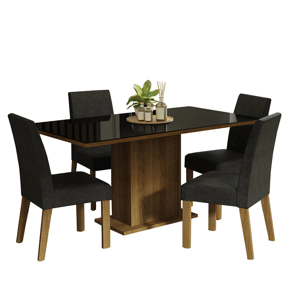 Conjunto Sala de Jantar Mesa Tampo de Vidro 4 Cadeiras Rustic/Preto/Oxford Avril Madesa - Image 2