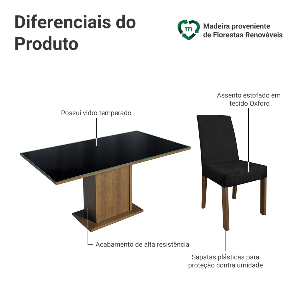 Conjunto Sala de Jantar Mesa Tampo de Vidro 4 Cadeiras Rustic/Preto/Oxford Avril Madesa - Image 4