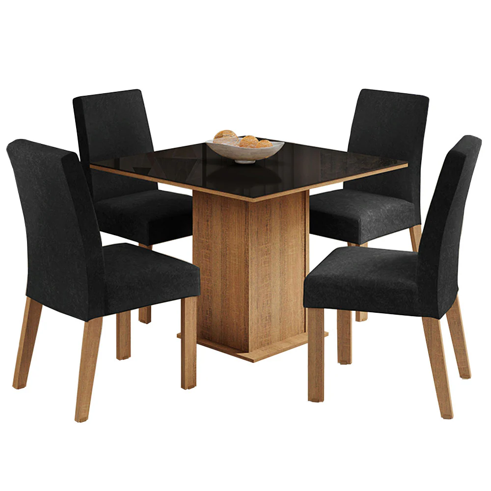 Conjunto Sala de Jantar Mesa Tampo de Vidro 4 Cadeiras Rustic/Preto Oxford Evelin Madesa - Image 2