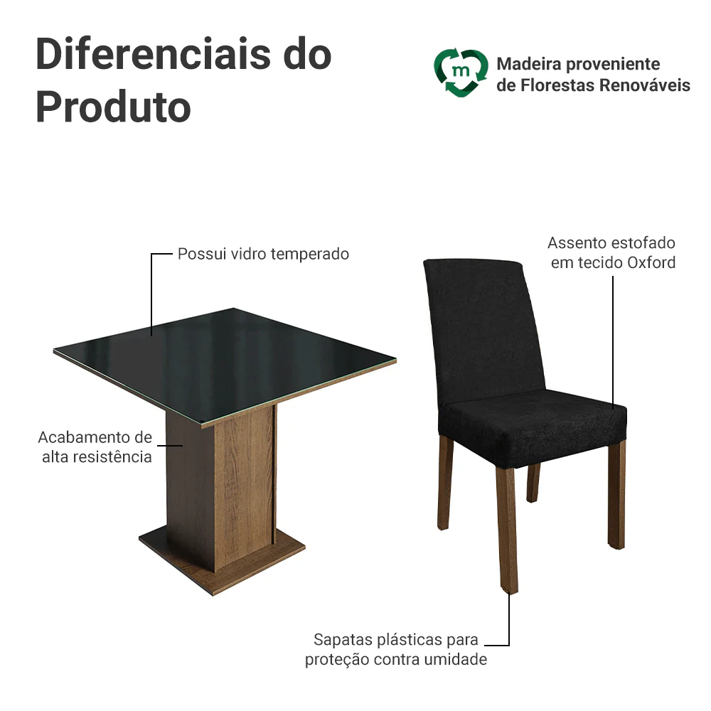Conjunto Sala de Jantar Mesa Tampo de Vidro 4 Cadeiras Rustic/Preto Oxford Evelin Madesa - Image 4