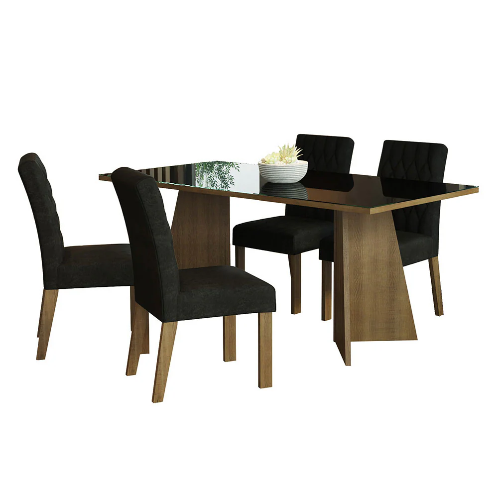 Conjunto Sala de Jantar Mesa Tampo de Vidro 4 Cadeiras Rustic/Preto/Oxford Harper Madesa - Image 2