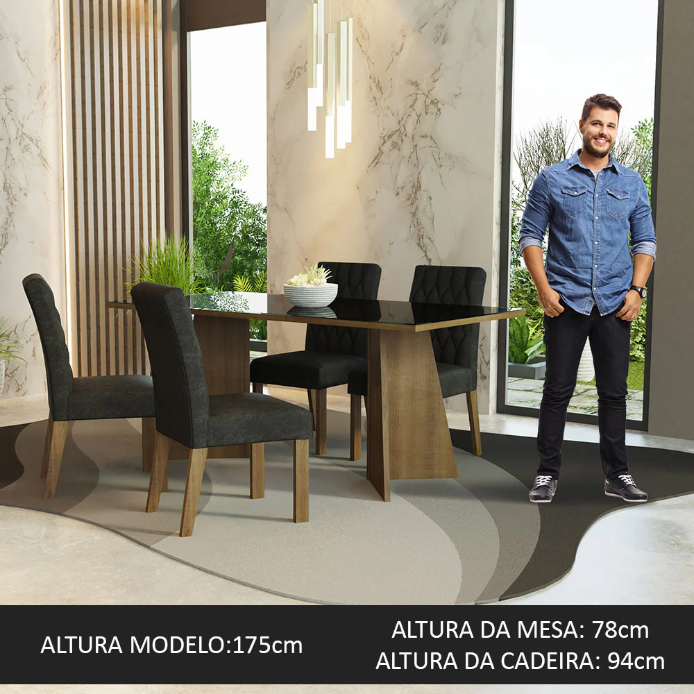 Conjunto Sala de Jantar Mesa Tampo de Vidro 4 Cadeiras Rustic/Preto/Oxford Harper Madesa - Image 3