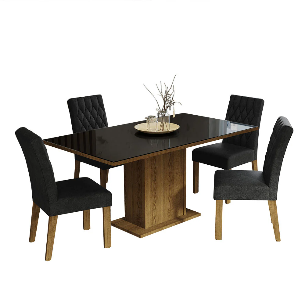 Conjunto Sala de Jantar Mesa Tampo de Vidro 4 Cadeiras Rustic/Preto/Oxford Marilia Madesa - Image 2