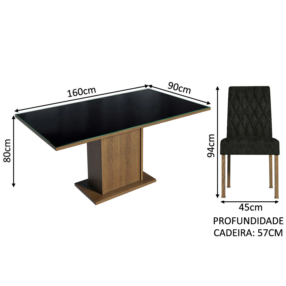 Conjunto Sala de Jantar Mesa Tampo de Vidro 4 Cadeiras Rustic/Preto/Oxford Marilia Madesa - Image 3