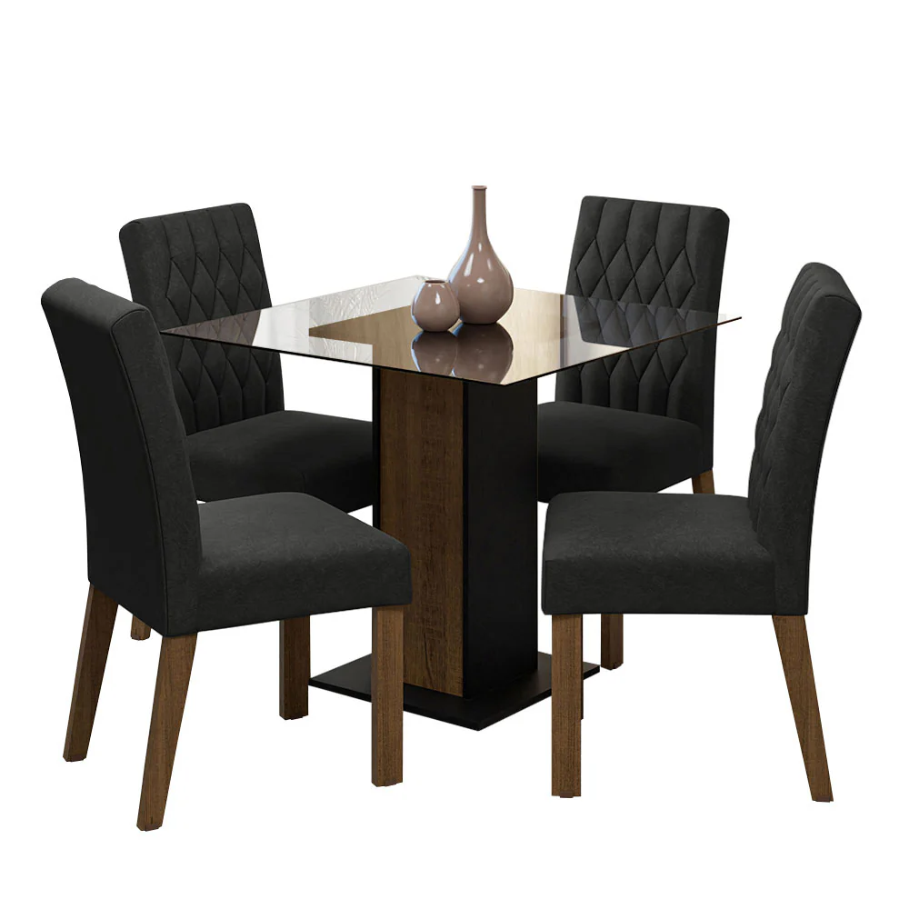 Conjunto Sala de Jantar Mesa Tampo de Vidro 4 Cadeiras Rustic/Preto/Oxford Noemi Madesa - Image 2