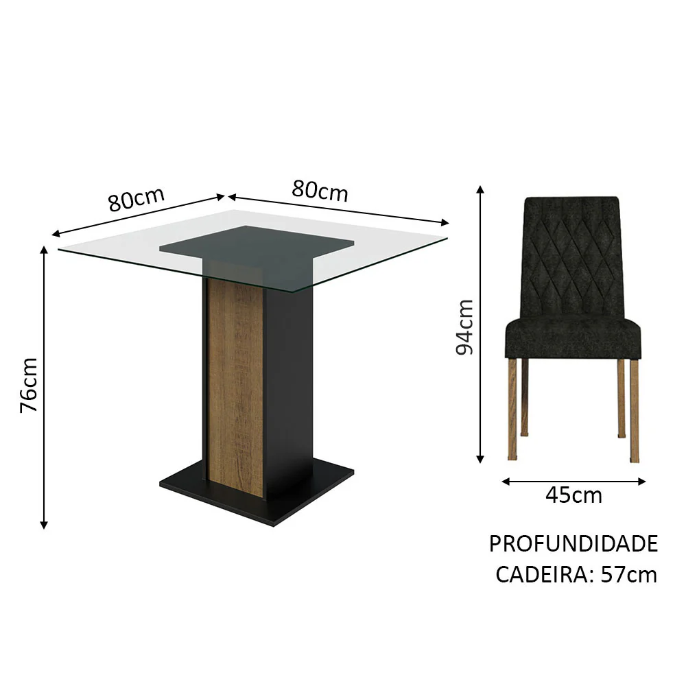 Conjunto Sala de Jantar Mesa Tampo de Vidro 4 Cadeiras Rustic/Preto/Oxford Noemi Madesa - Image 3