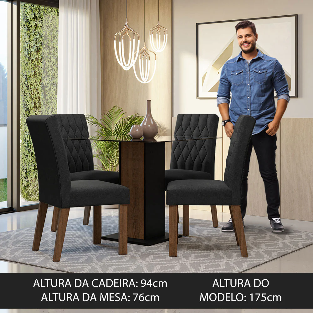 Conjunto Sala de Jantar Mesa Tampo de Vidro 4 Cadeiras Rustic/Preto/Oxford Noemi Madesa - Image 4