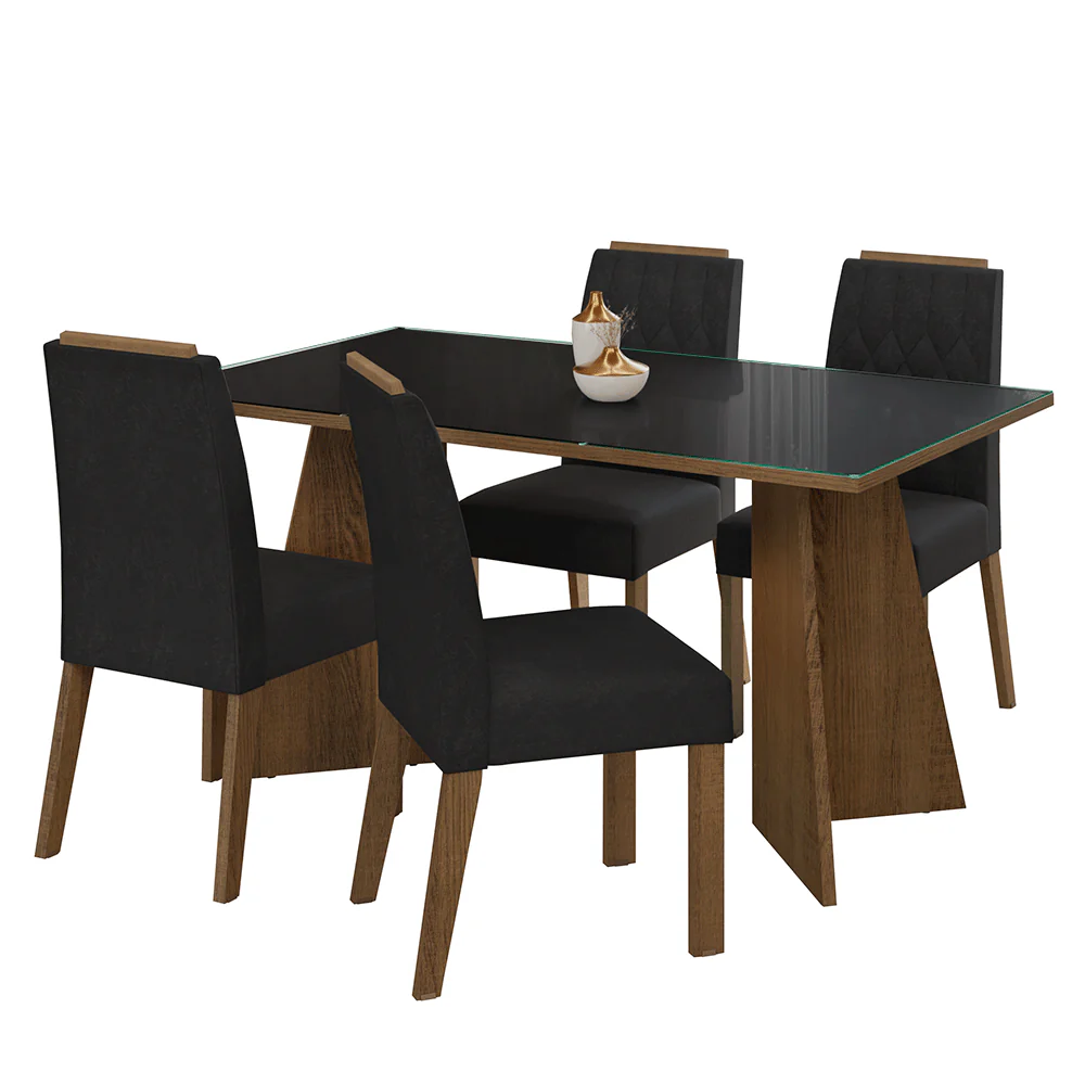 Conjunto Sala de Jantar Mesa Tampo de Vidro 4 Cadeiras Rustic/Preto/Oxford Porto Madesa - Image 2