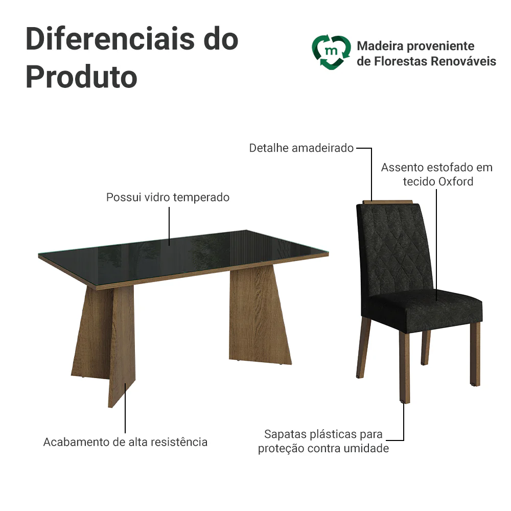 Conjunto Sala de Jantar Mesa Tampo de Vidro 4 Cadeiras Rustic/Preto/Oxford Porto Madesa - Image 4