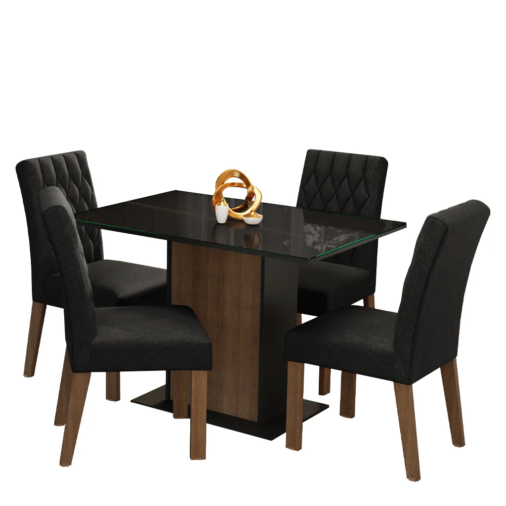 Conjunto Sala de Jantar Mesa Tampo de Vidro 4 Cadeiras Rustic/Preto/Oxford Reale Madesa - Image 2