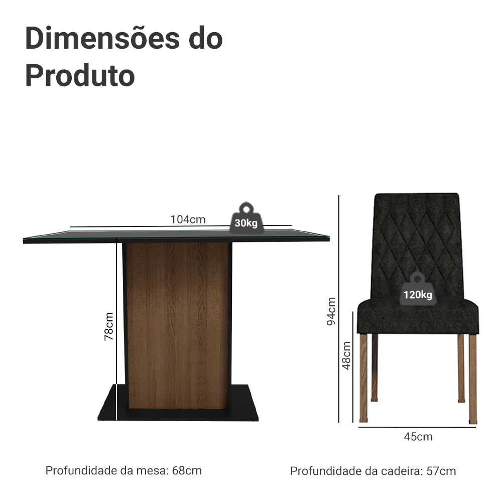 Conjunto Sala de Jantar Mesa Tampo de Vidro 4 Cadeiras Rustic/Preto/Oxford Reale Madesa - Image 3