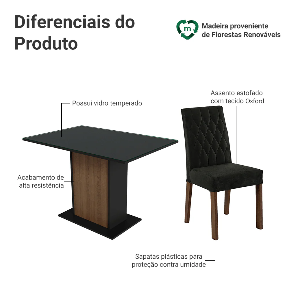 Conjunto Sala de Jantar Mesa Tampo de Vidro 4 Cadeiras Rustic/Preto/Oxford Reale Madesa - Image 4