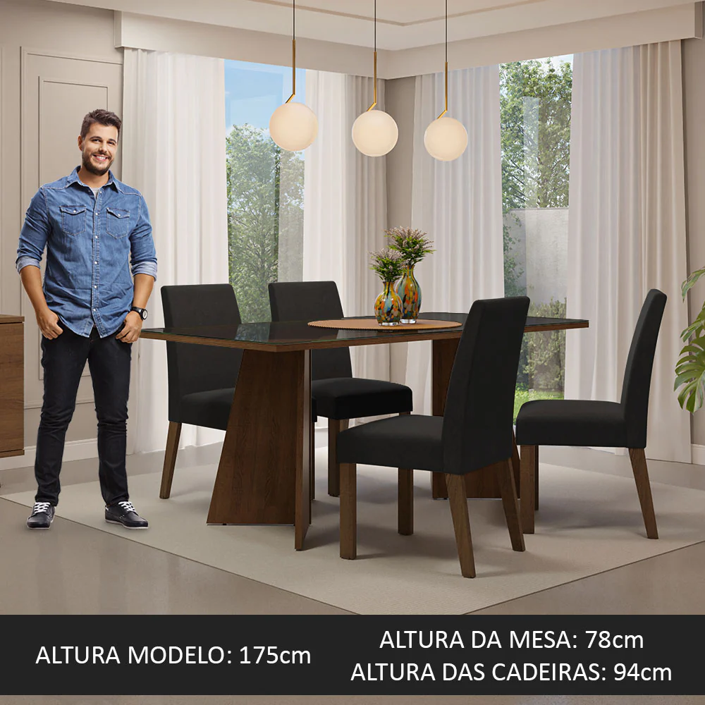 Conjunto Sala de Jantar Mesa Tampo de Vidro 4 Cadeiras Rustic/Preto/Oxford Taylor Madesa - Image 3