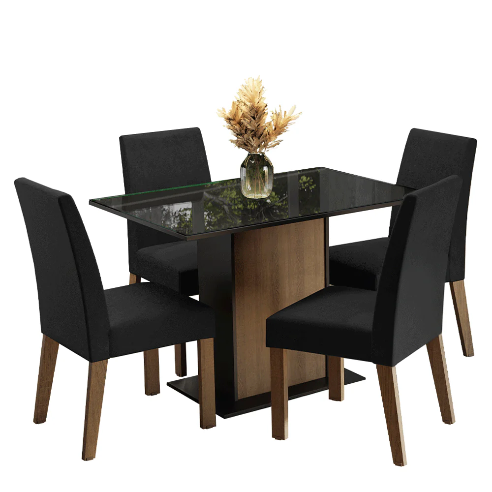 Conjunto Sala de Jantar Mesa Tampo de Vidro 4 Cadeiras Rustic/Preto/Oxford Zion Madesa - Image 2