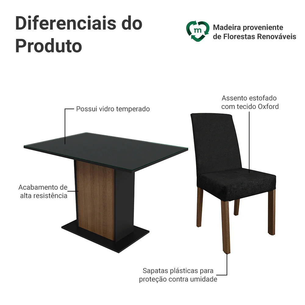 Conjunto Sala de Jantar Mesa Tampo de Vidro 4 Cadeiras Rustic/Preto/Oxford Zion Madesa - Image 4