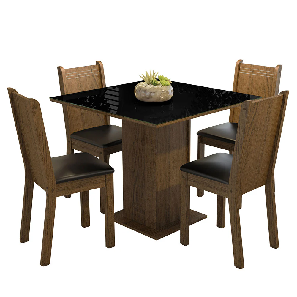 Conjunto Sala de Jantar Mesa Tampo de Vidro 4 Cadeiras Rustic/Preto Perla Madesa - Image 2