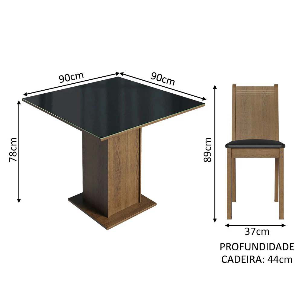 Conjunto Sala de Jantar Mesa Tampo de Vidro 4 Cadeiras Rustic/Preto Perla Madesa - Image 3
