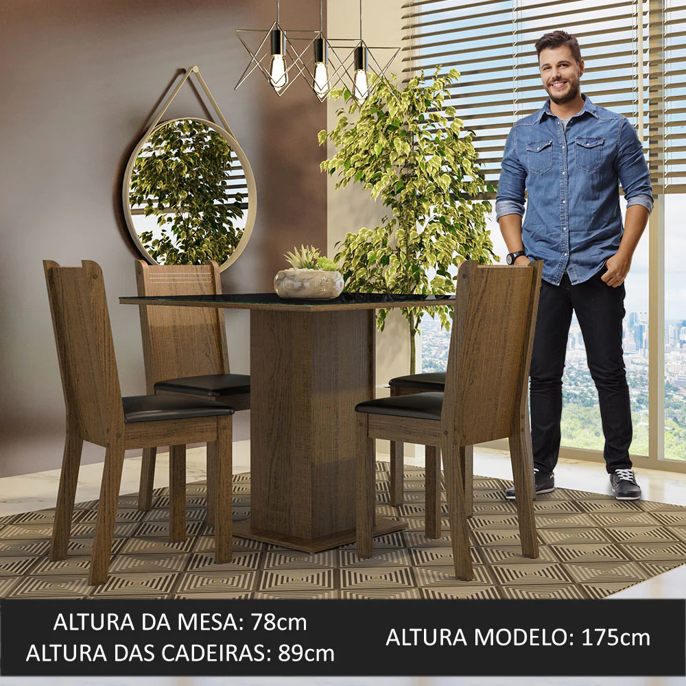 Conjunto Sala de Jantar Mesa Tampo de Vidro 4 Cadeiras Rustic/Preto Perla Madesa - Image 4