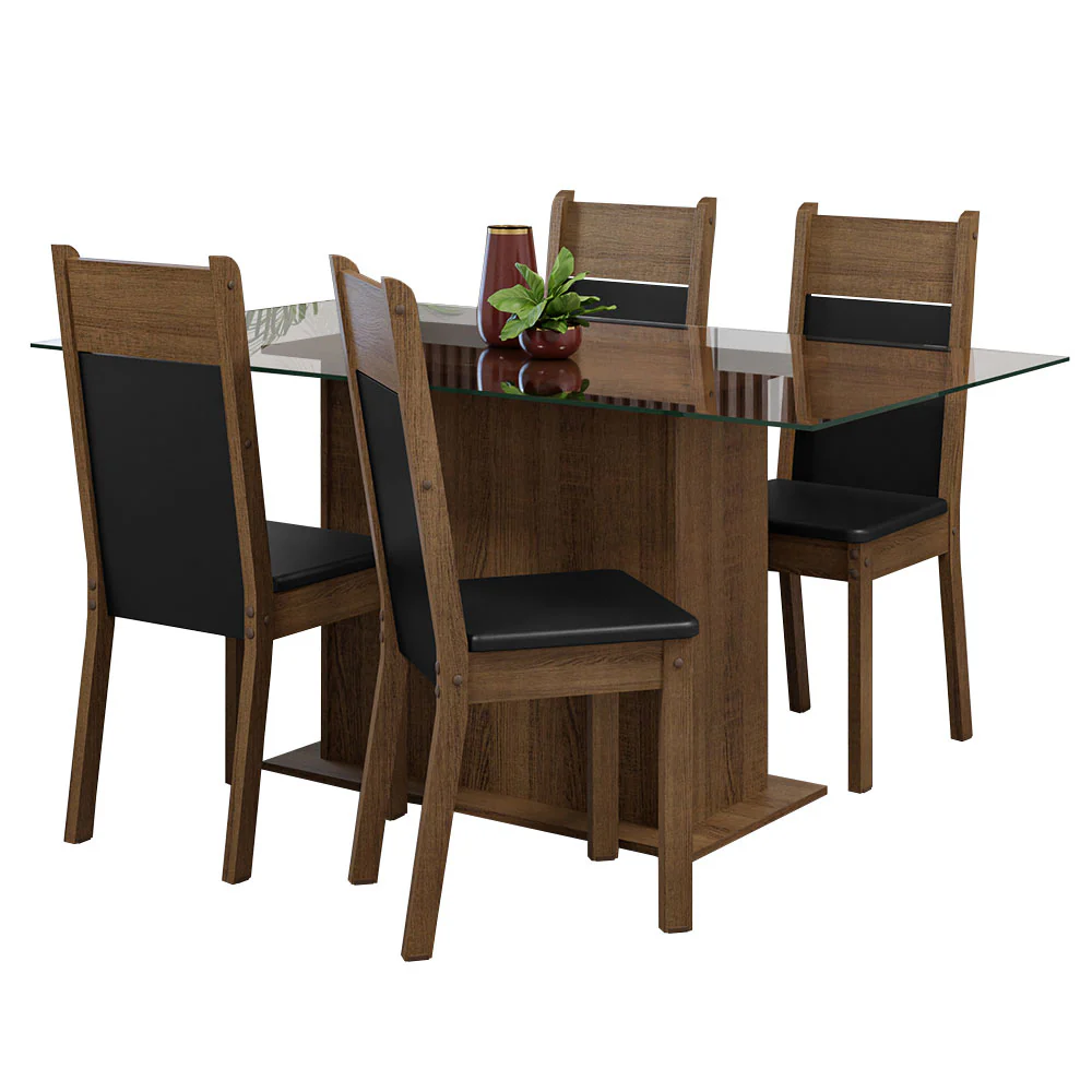 Conjunto Sala de Jantar Mesa Tampo de Vidro 4 Cadeiras Rustic/Preto Savana Madesa - Image 2