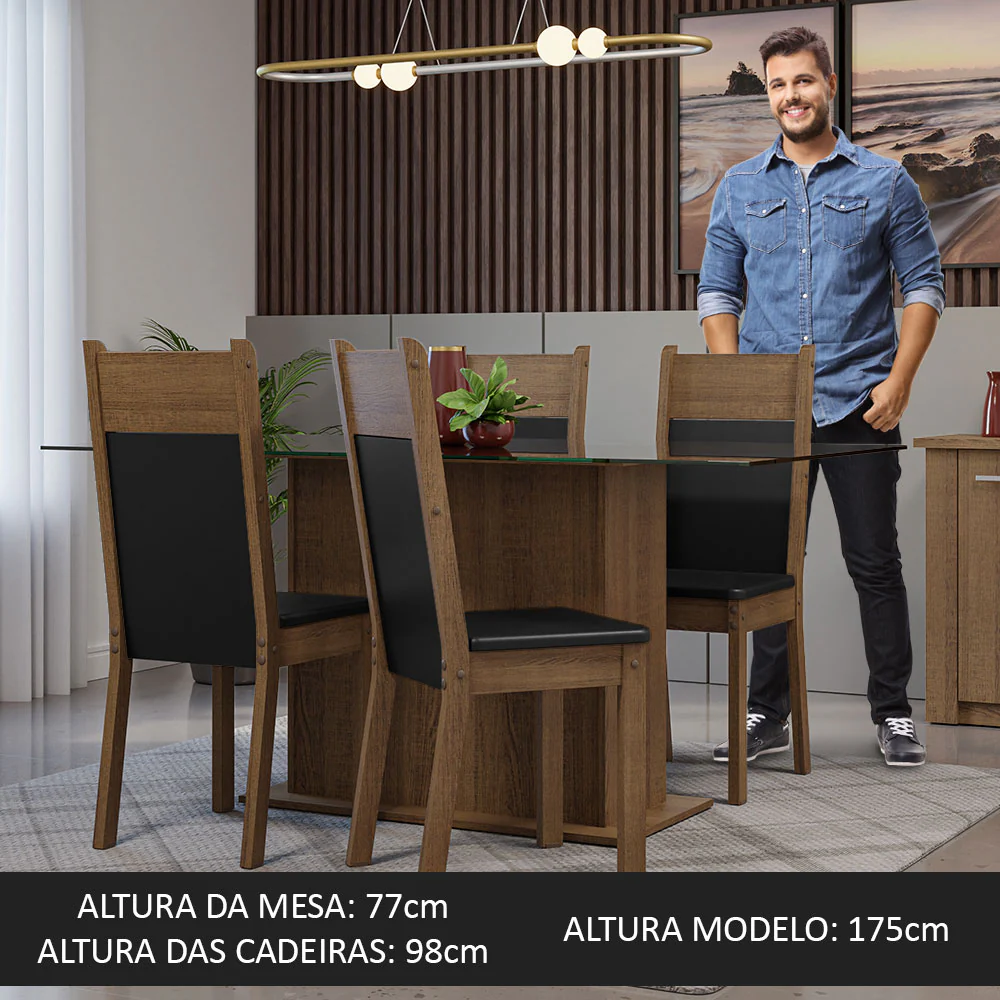 Conjunto Sala de Jantar Mesa Tampo de Vidro 4 Cadeiras Rustic/Preto Savana Madesa - Image 5