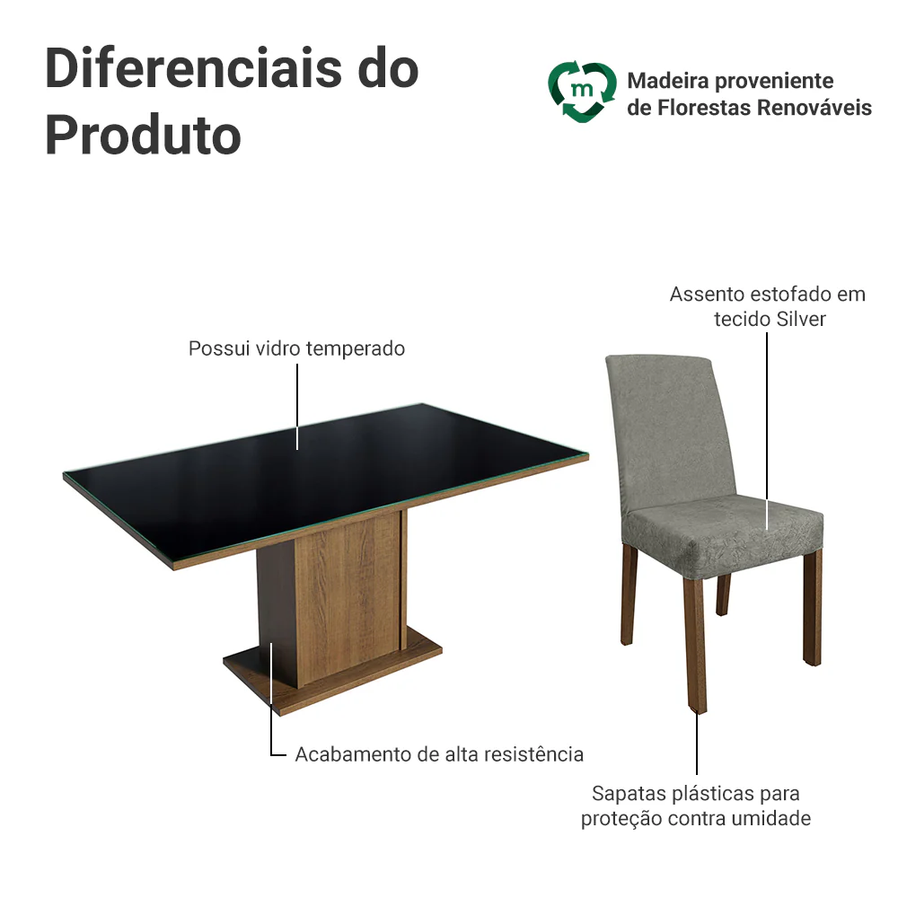 Conjunto Sala de Jantar Mesa Tampo de Vidro 4 Cadeiras Rustic/Preto/Silver Avril Madesa - Image 3