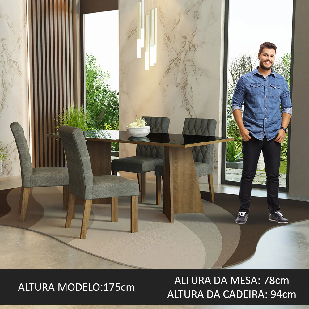 Conjunto Sala de Jantar Mesa Tampo de Vidro 4 Cadeiras Rustic/Preto/Silver Harper Madesa - Image 3