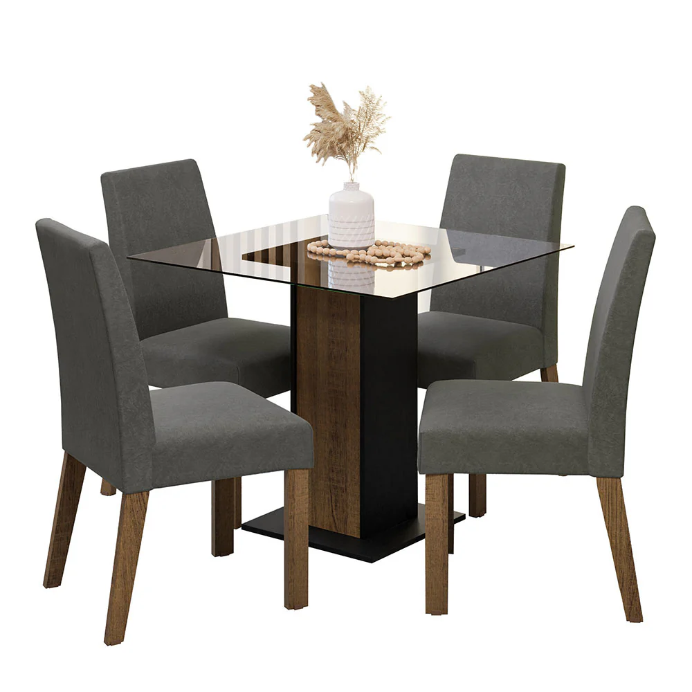 Conjunto Sala de Jantar Mesa Tampo de Vidro 4 Cadeiras Rustic/Preto/Silver Ivy  Madesa - Image 2