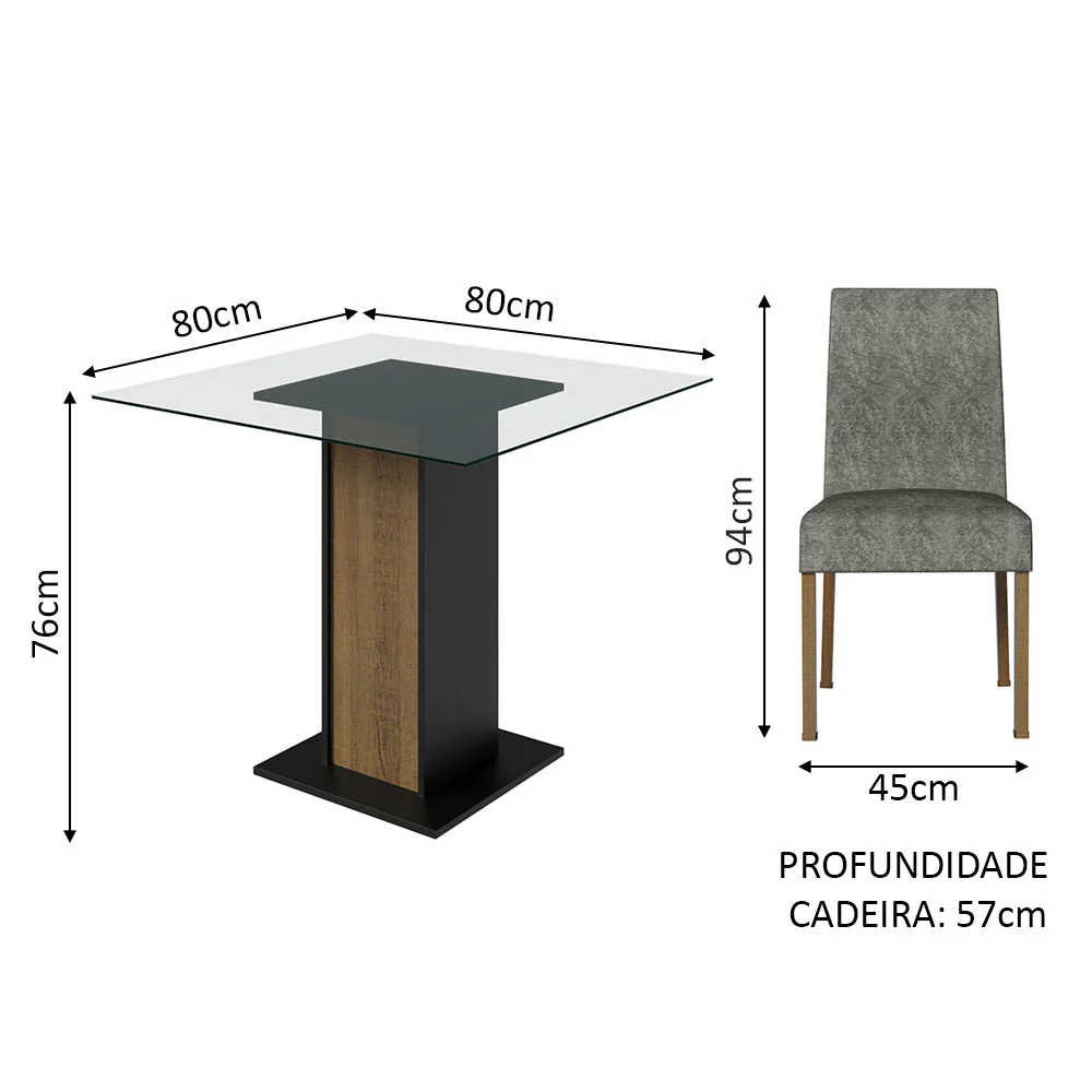 Conjunto Sala de Jantar Mesa Tampo de Vidro 4 Cadeiras Rustic/Preto/Silver Ivy  Madesa - Image 3