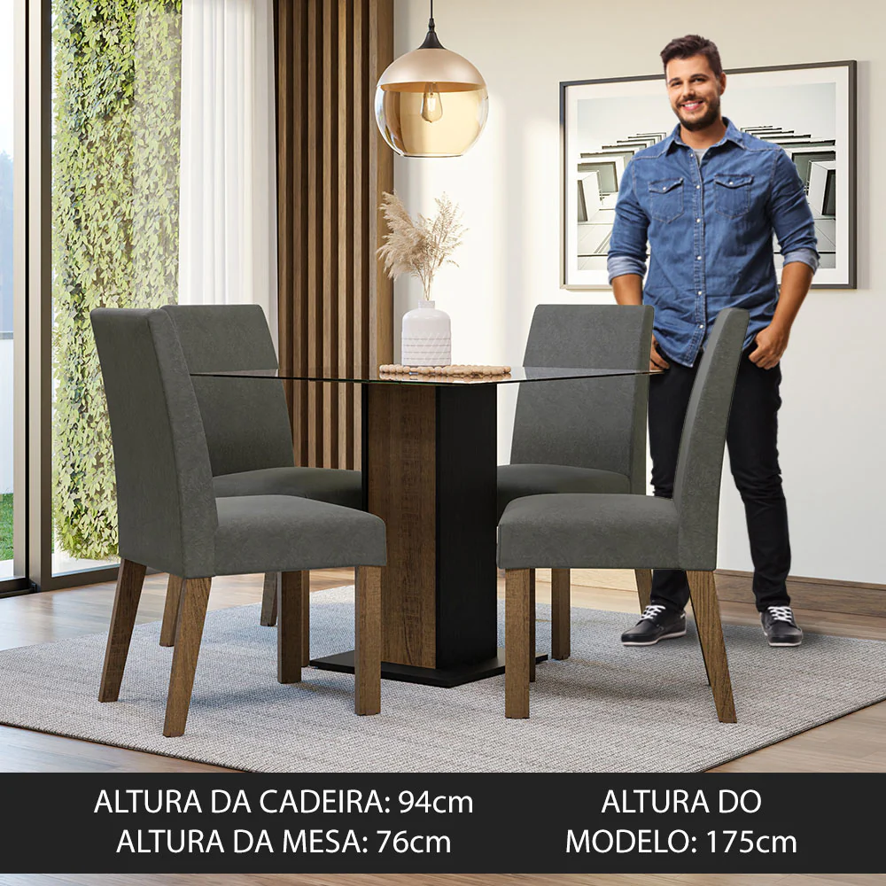 Conjunto Sala de Jantar Mesa Tampo de Vidro 4 Cadeiras Rustic/Preto/Silver Ivy  Madesa - Image 4