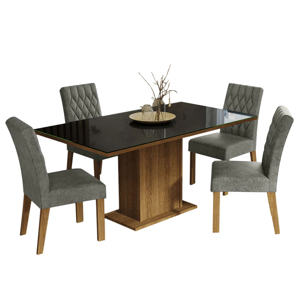 Conjunto Sala de Jantar Mesa Tampo de Vidro 4 Cadeiras Rustic/Preto/Silver Marilia Madesa - Image 2