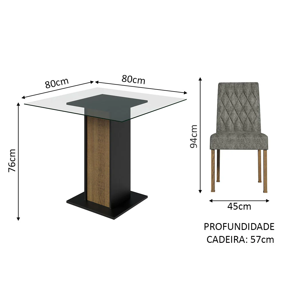 Conjunto Sala de Jantar Mesa Tampo de Vidro 4 Cadeiras Rustic/Preto/Silver Noemi Madesa - Image 3