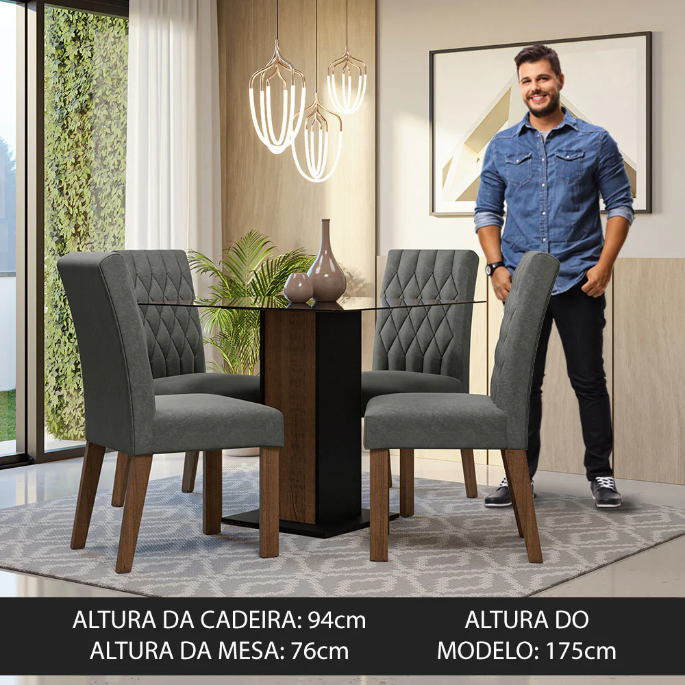Conjunto Sala de Jantar Mesa Tampo de Vidro 4 Cadeiras Rustic/Preto/Silver Noemi Madesa - Image 4