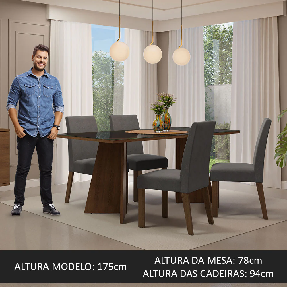 Conjunto Sala de Jantar Mesa Tampo de Vidro 4 Cadeiras Rustic/Preto/Silver Taylor Madesa - Image 3