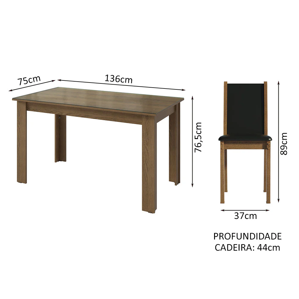 Conjunto Sala de Jantar Mesa Tampo de Vidro 4 Cadeiras Rustic/Preto Suzy Madesa - Image 3