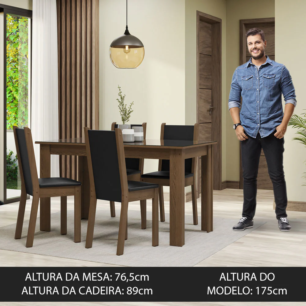 Conjunto Sala de Jantar Mesa Tampo de Vidro 4 Cadeiras Rustic/Preto Suzy Madesa - Image 4