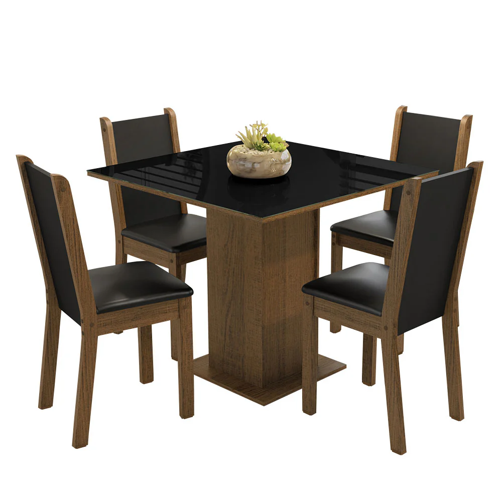 Conjunto Sala de Jantar Mesa Tampo de Vidro 4 Cadeiras Rustic/Preto Tifani Madesa - Image 2