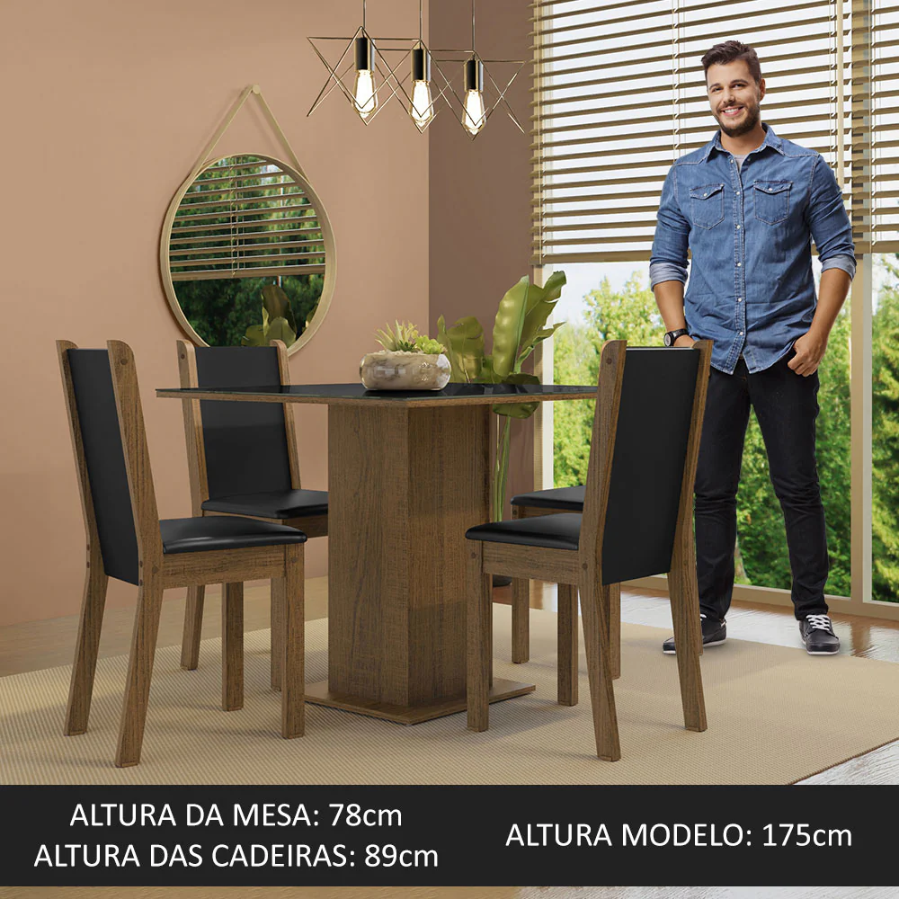 Conjunto Sala de Jantar Mesa Tampo de Vidro 4 Cadeiras Rustic/Preto Tifani Madesa - Image 5