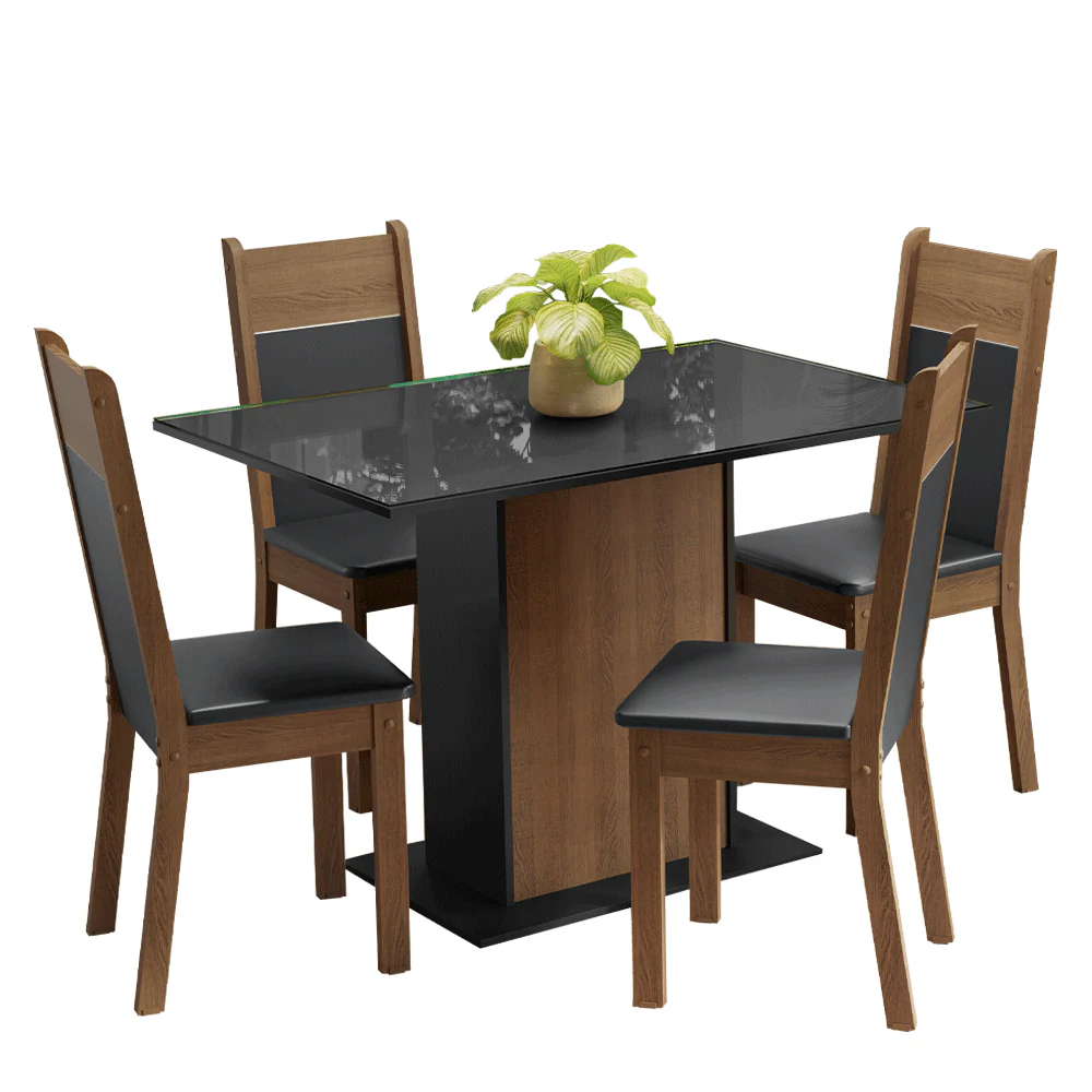 Conjunto Sala de Jantar Mesa Tampo de Vidro 4 Cadeiras Rustic/Preto Viena Madesa - Image 2